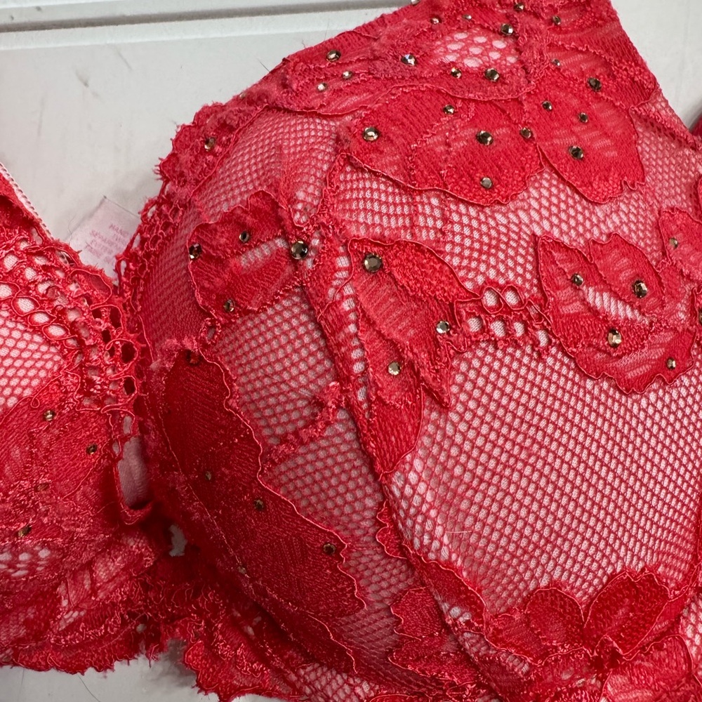 Victorias Secret Body by Victoria Push Up Pink Red Jeweled Floral Lace Bra 34B - Picture 2 of 5